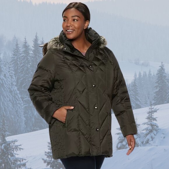NEW - London Fog Faux-Fur-Trimmed Down Puffer Coat w/Hood - Black/Tan - Picture 10 of 13